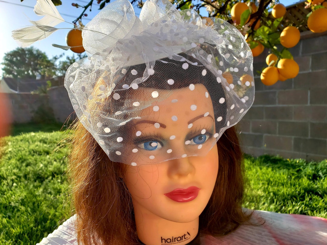 White Feather Fascinator: Bridal Derby Hat, Birdcage Veil  display picture 2