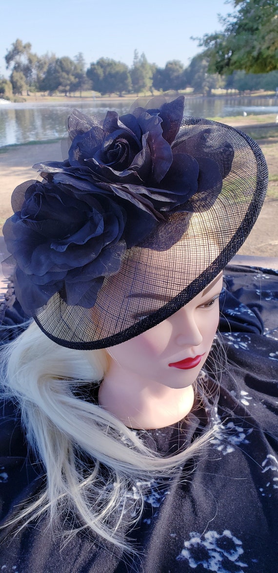 Black Sinamay Fascinator: Feather Flower Derby Hat - Etsy display picture 1