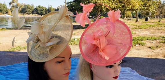 Coral Pink Feather Fascinator: Sinamay Derby Hat Headband - Etsy