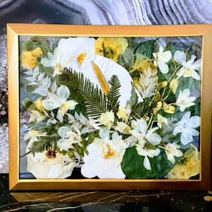 Wedding Pressed Flowers Bouquet Preservation, Bridal Bouquet, Funeral Pressed Flowers, Keepsake. Hanging Frame. Tropical flower preservation