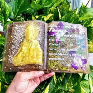 Preserved Wedding Flowers Bridal Bouquet Opened Book Bible Resin Paperweight Keepsake. Religious Bridal Bouquet. Funeral Memorial flowers.