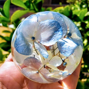 Hydrangea Paperweight: Preserved Flower Resin Sphere, Home Decor