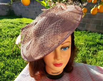 Brown Sinamay Feather Fascinator: Derby Race Church Hat