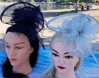 Navy Blue Sinamay Feather Fascinator: Derby, Bridal, Funeral Headpiece