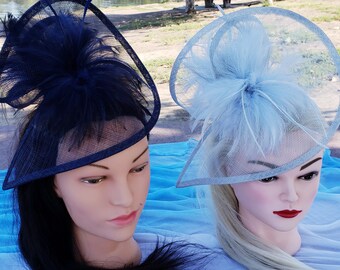Navy Blue Sinamay Feather Fascinator: Derby, Bridal, Funeral Headpiece