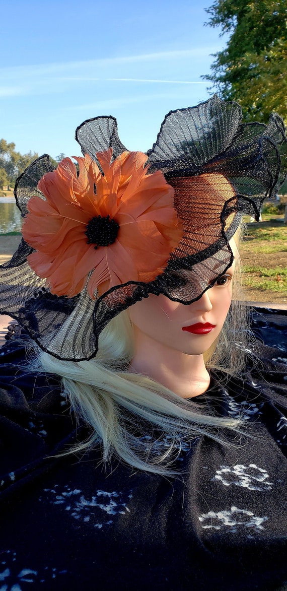 Orange Feather Fascinator Hat: Black Lace Derby Headpiece - Etsy display picture 3