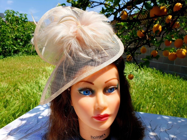 Nude Sinamay Fascinator Black Funeral Mini Hat Costume Feather Hairband Head Accessory.Headpiece Derby Race Bridal Church Hat