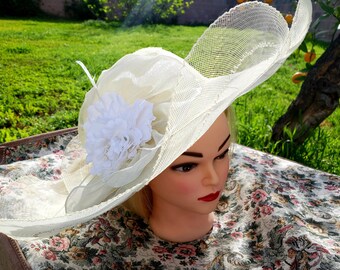 Cream Tulle Kentucky Derby Hat: Floral Feather Wide Brim