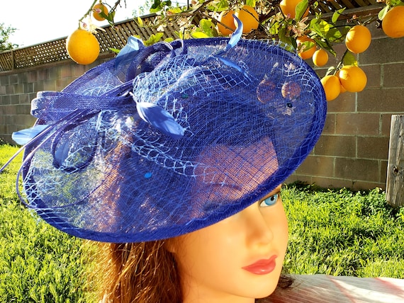 Blue Sinamay Feather Fascinator: Derby, Bridal, Church Hat  display picture 2