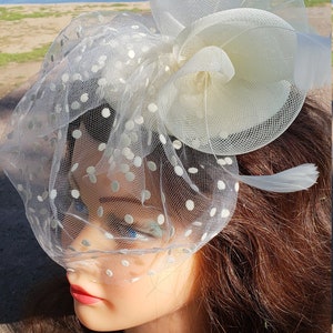 Cream Fascinator Hat: Feather Birdcage Veil Hair Clip - Wedding Tea Party