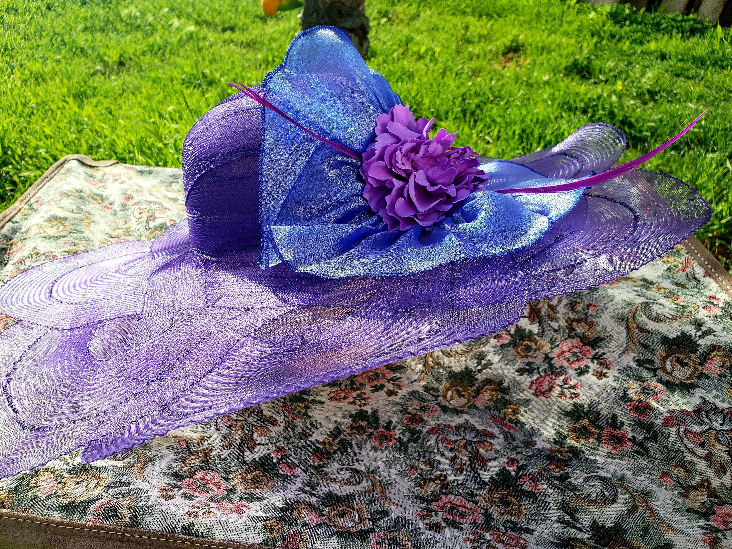 Just For You NY Purple Sequin Wide Brim Church Hat Kentucky Derby Veil Flower Purple Derby Hat Flower Peacock Feathers Hat Hot Pink Flower  main image 3