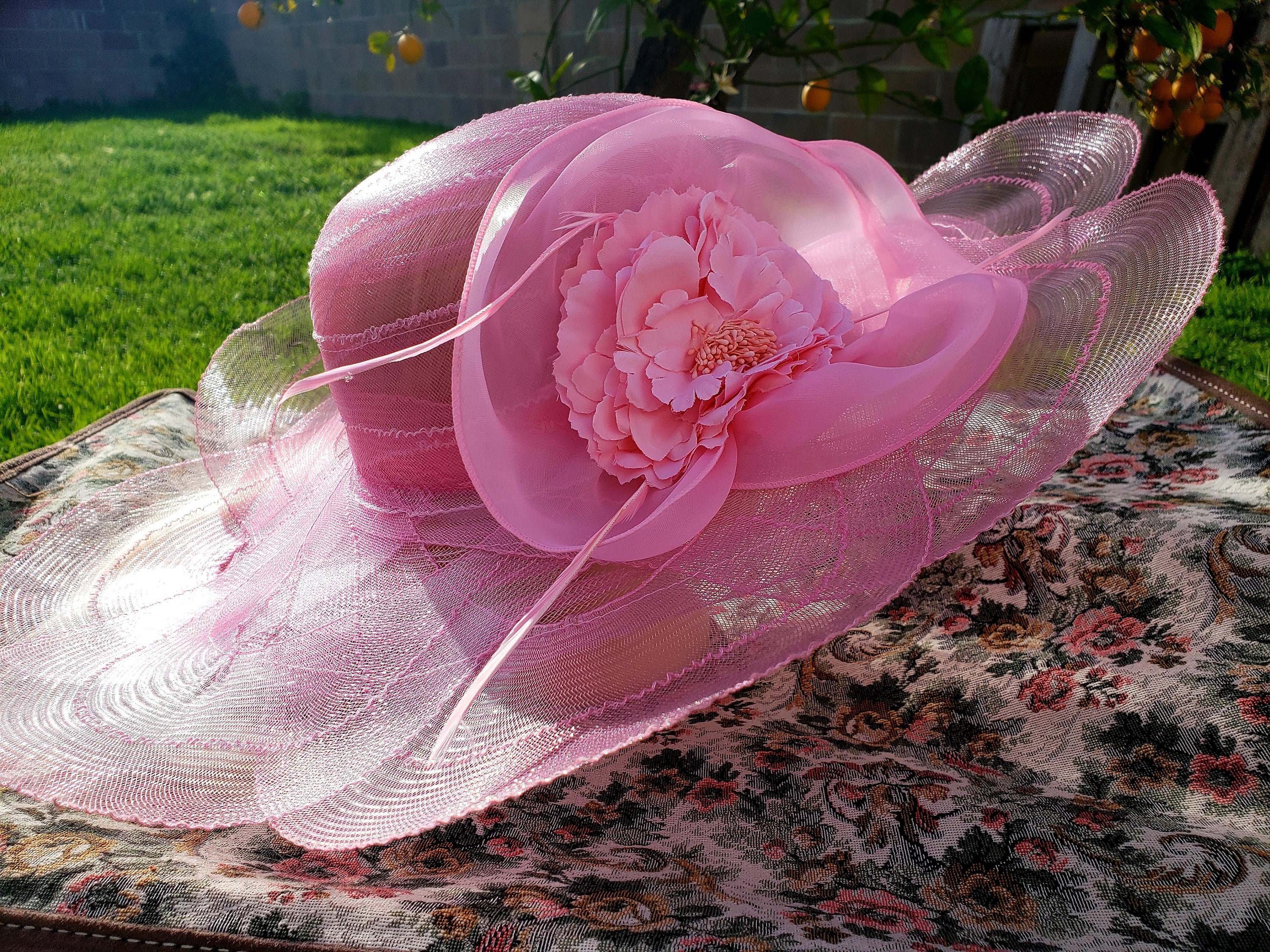 Kentucky Derby Hat – Crinoline Flower Feather Fascinator for KY Oaks + Derby kentucky derby hat fascinator tangerine orange feather  main image 3