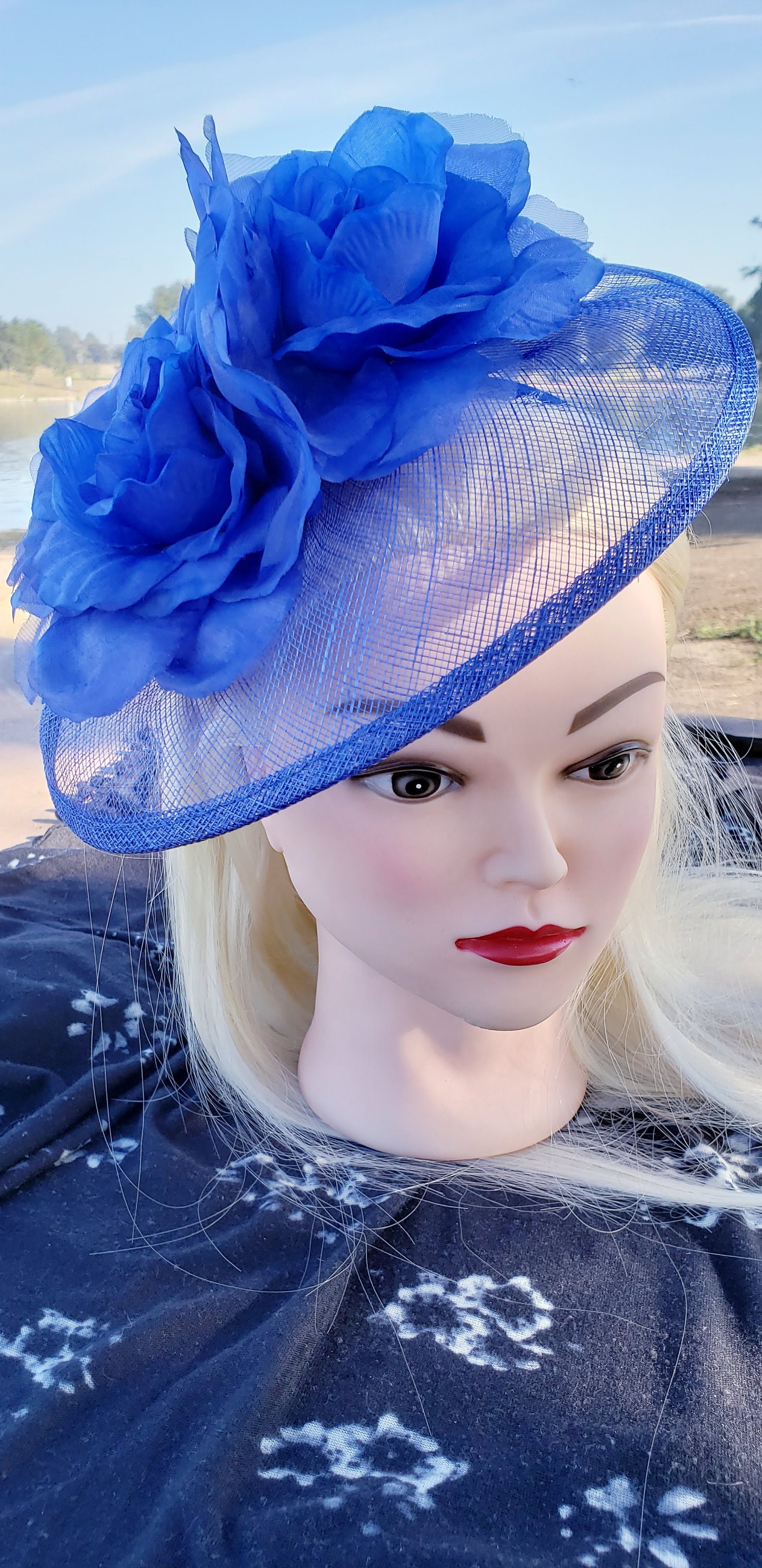 Royal Blue Floral Fascinator: Derby Race, Bridal, Church Hat 