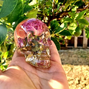 Resin Skull Paperweight: Pink Purple Rose Preserved Flowers Keepsake
