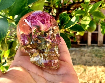 Resin Skull Paperweight: Pink Purple Rose Preserved Flowers Keepsake
