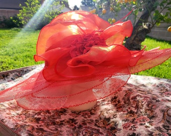 Red Crinoline Tulle Breathable Women Summer Sun Hat Kentucky Derby polyester feather wide brim floral women hats Wedding Fascinators