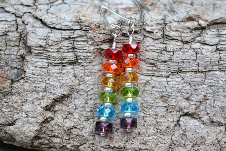 OVER THE RAINBOW~~Beautiful Czech Red Orange Yellow Blue Purple Glass Beads and Seed Beads Sterling Silver Earrings