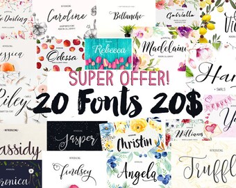 20 digital fonts Font Bundle - Calligraphy font - Font download - Handwritten font - Watercolor font - Wedding font - Font instant download