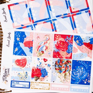 Kit de adesivos de planejador Sweet Liberty Gold Foil 4 de julho, adesivos de planejador frustrados, kit semanal, adesivos verticais frustrados Erin Condren 7 folhas