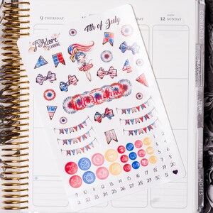 May include: A sheet of 4th of July themed planner stickers featuring a girl in a red, white, and blue dress, stars, bows, flags, and the text "Hello Summer".