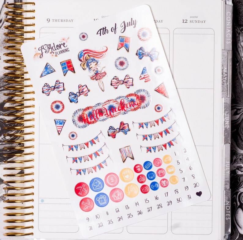 May include: A sheet of 4th of July themed planner stickers featuring a girl in a red, white, and blue dress, stars, bows, flags, and the text "Hello Summer".