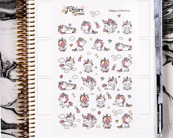 Happy Unicorns Planner Stickers, Colorful Kawaii Style