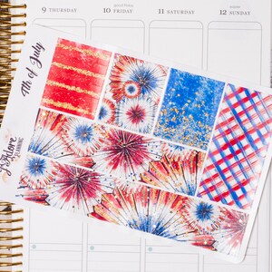May include: A set of 9 planner stickers featuring a red, white and blue colour scheme with a 4th of July theme. The stickers feature fireworks, stars and a checkered pattern.