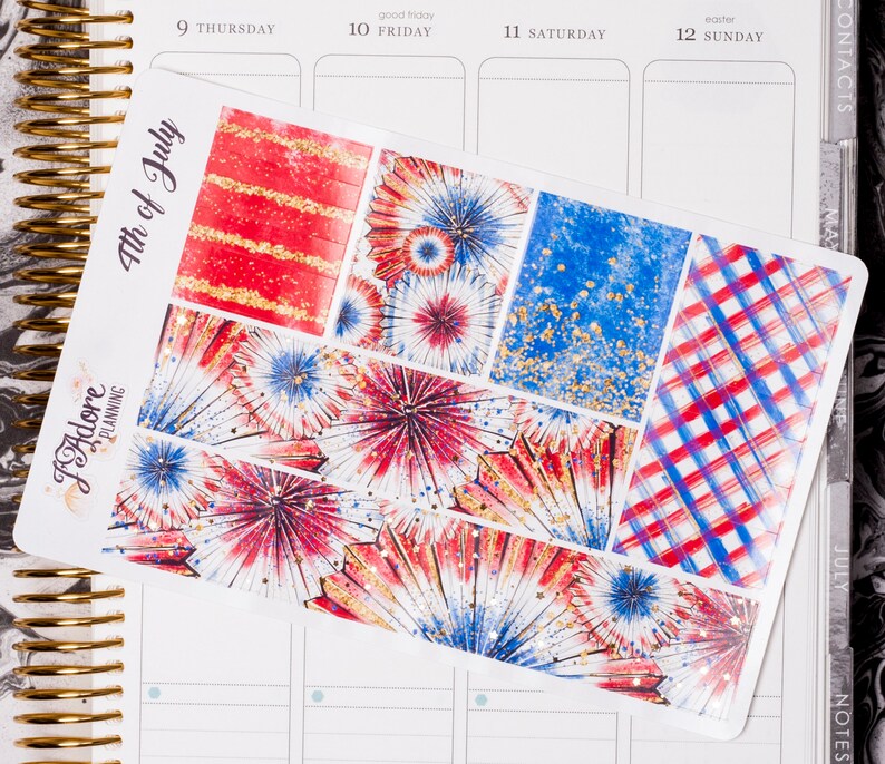 May include: A set of 9 planner stickers featuring a red, white and blue colour scheme with a 4th of July theme. The stickers feature fireworks, stars and a checkered pattern.
