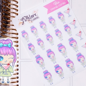 Kawaii Karakter Girl Cocktail Planner Stickers voor Erin Condren en Happy Planner