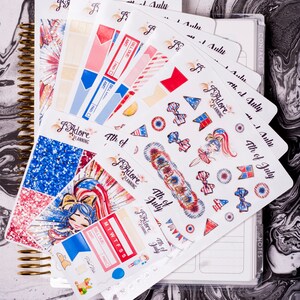 May include: A set of 4th of July themed planner stickers featuring a girl in a red, white, and blue dress, fireworks, stars, and the text "4th of July".