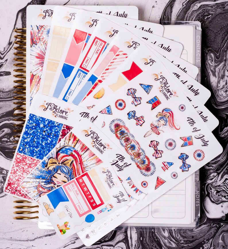 May include: A set of 4th of July themed planner stickers featuring a girl in a red, white, and blue dress, fireworks, stars, and the text "4th of July".