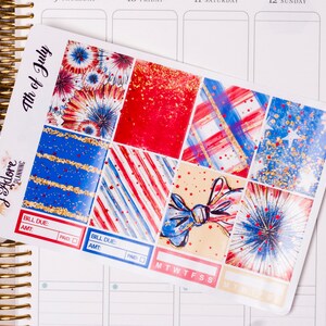 May include: A set of 4th of July themed planner stickers with red, white, and blue designs. The stickers feature fireworks, stars, stripes, and glitter. The stickers are labelled "FAdore Planning" and "4th of July".