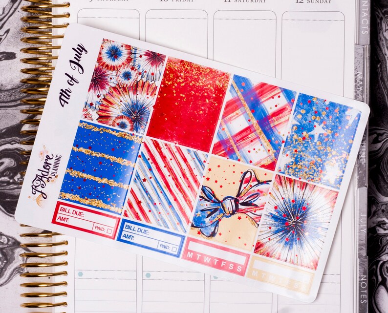 May include: A set of 4th of July themed planner stickers with red, white, and blue designs. The stickers feature fireworks, stars, stripes, and glitter. The stickers are labelled "FAdore Planning" and "4th of July".
