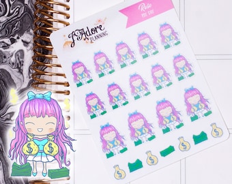 Kawaii Character Girl Money Pay Day Planner Stickers for Erin Condren and Happy Planner