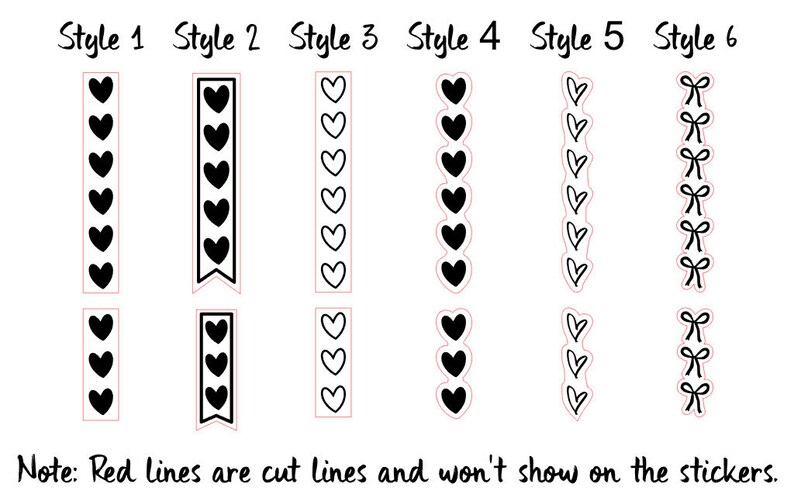 May include: Six different styles of black and white heart and bow designs for stickers. The designs are arranged in two rows of six. The designs are all vertical and are about 1 inch tall. The text "Style 1" through "Style 6" is above the designs.