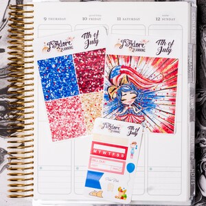 May include: A set of four 4th of July themed planner stickers. The stickers feature red, white and blue glitter, a girl in a red, white and blue dress, and the text "4th of July".