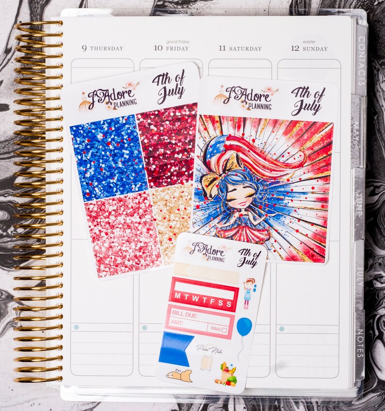 May include: A set of four 4th of July themed planner stickers. The stickers feature red, white and blue glitter, a girl in a red, white and blue dress, and the text "4th of July".