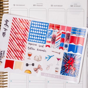 May include: A sheet of 4th of July themed planner stickers with red, white and blue colours. The stickers feature stars, stripes, fireworks and the text "4th of July".