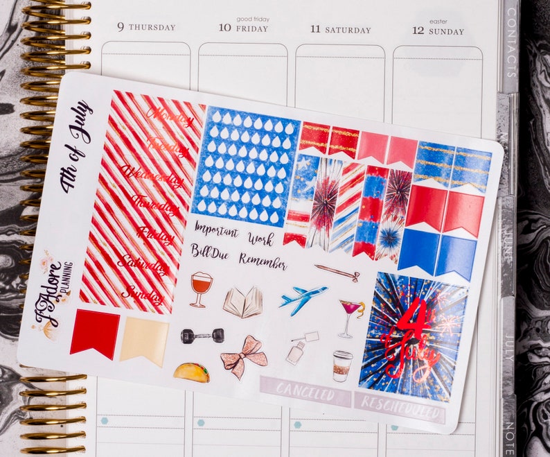 May include: A sheet of 4th of July themed planner stickers with red, white and blue colours. The stickers feature stars, stripes, fireworks and the text "4th of July".