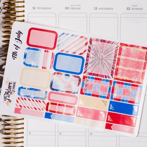 May include: A sheet of 4th of July themed planner stickers with red, white, and blue colours. The stickers feature various designs, including stars, stripes, and fireworks. The stickers are labelled "4th of July" and "FAdore Planning".