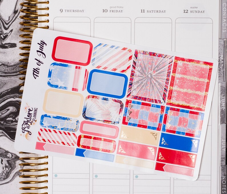 May include: A sheet of 4th of July themed planner stickers with red, white, and blue colours. The stickers feature various designs, including stars, stripes, and fireworks. The stickers are labelled "4th of July" and "FAdore Planning".