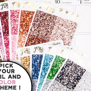 Puede incluir: Una selección de hojas de papel de purpurina con diferentes colores y acabados. Las hojas están etiquetadas con las palabras "JD", "JA", "JAd", "Headers" y "Foil".