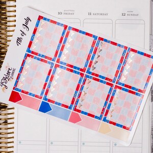 May include: A set of six planner stickers with a red, white and blue chequered pattern and gold hearts. The stickers are designed for the 4th of July and feature the text "4th of July".