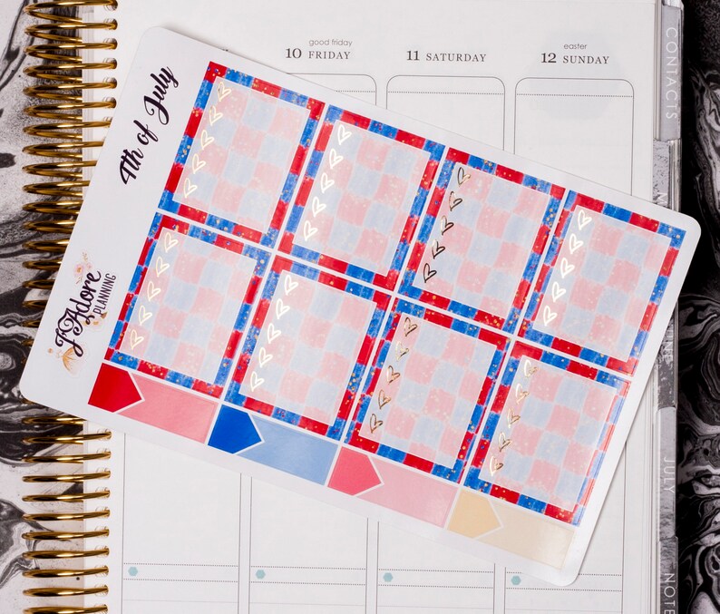 May include: A set of six planner stickers with a red, white and blue chequered pattern and gold hearts. The stickers are designed for the 4th of July and feature the text "4th of July".