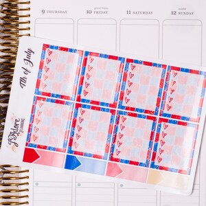May include: A set of six planner stickers with a red, white and blue gingham pattern and red hearts. The stickers are labelled "4th of July".