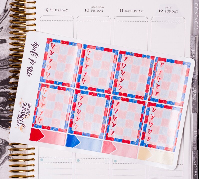 May include: A set of six planner stickers with a red, white and blue gingham pattern and red hearts. The stickers are labelled "4th of July".