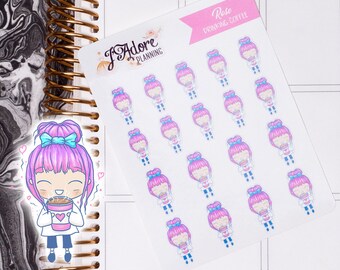 Kawaii Girl Stickers, Drinking Coffee or Cocoa Character Planner Stickers for Erin Condren and Happy Planner