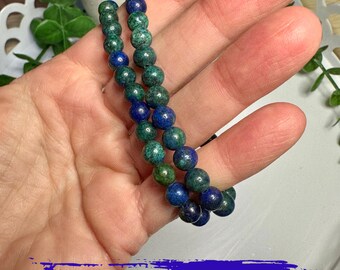 Pulseras de cuentas de cristal de azurita y malaquita. Conciencia psíquica. Meditación. Intuición. Compasión. Visión. Tercer ojo. Chakra del corazón.