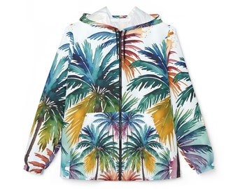Tropical Palm Print Windbreaker Jacket: Unisex Lightweight Polyester