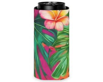 Aloha Collection Tropical Can Koozie | Slim Can Cooler, Plumeria Floral Drink Holder, Hawaiian Palm Leaf Design, Beach & Summer Drink Sleeve